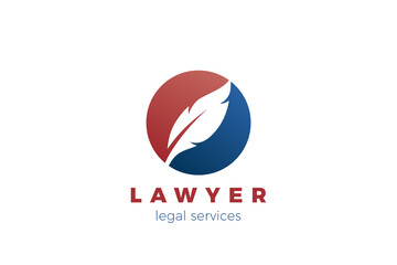 Lawyer Writer Logo Feather Quill symbol Circle shape vector design template Negative space style.