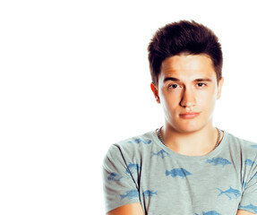 young attractive man isolated thinking emotional on white closeup gesturing smiling, lifestyle people concept