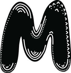 Latin letter "M". Vector black illustration isolated on a white background. Scandinavian style. Beautiful font, template, element, logo, alphabet.
