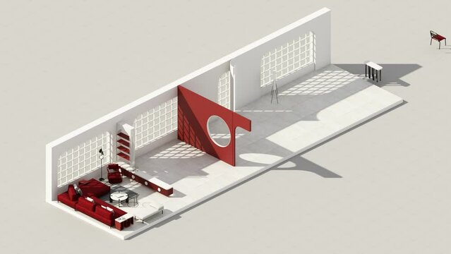 red interior art minimalist style in the living dining  bedroom. using red color material and dark cloth on marble tile floor and arched walkways with large windows  3d render isometric animation loop