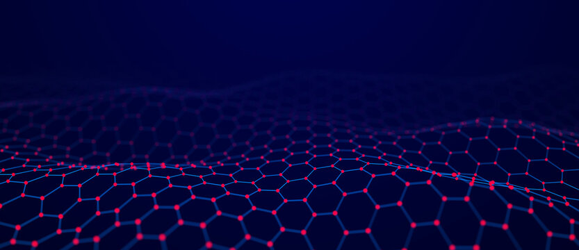 Wave of dots and lines. Network of dots. Smooth wave. Abstract hexagon gradient background. 3d rendering illustration © Ihor