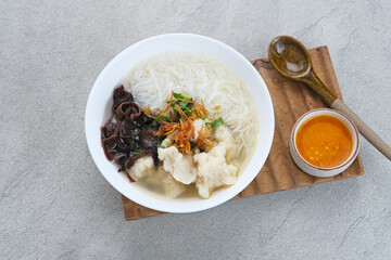 Tekwan, traditional food from Palembang, Indonesia. Made from a mixture of fish meat and tapioca, which is shaped into small balls, with vermicelli, mushrooms, spring onions, celery. Selected focus.
