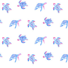 Watercolor seamless turtle pattern. Sea eco concept in blue pink colors. Textile drawing, fashion, canvas print.