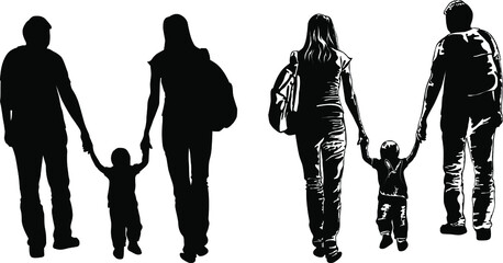 Black and white image of a young family walking with a child hand in hand