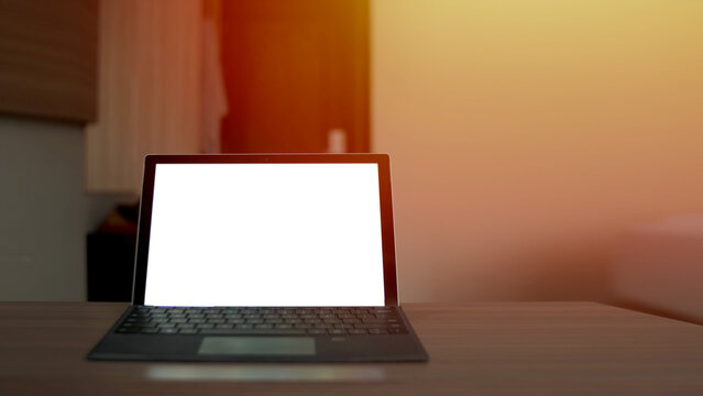 Close up image of  laptop mock up, pc computer monitor with blank empty white screen template