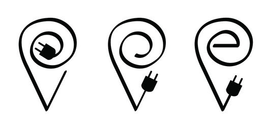 Slogan e charging point symbol. Electric cable plug, battery charger for e-bike, bicycle, car or scooter parking, power station signs. Flat vector vehicle plugging signs.