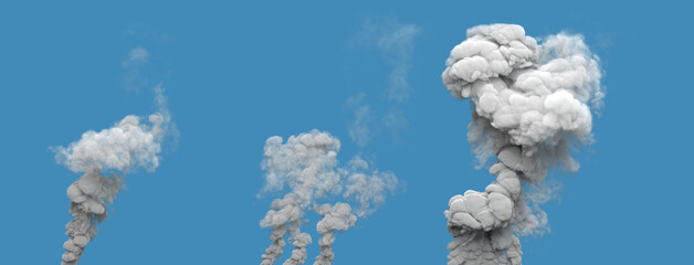 3 grey pollution smoke columns from nuclear power plant on blue, isolated - industrial 3D illustration