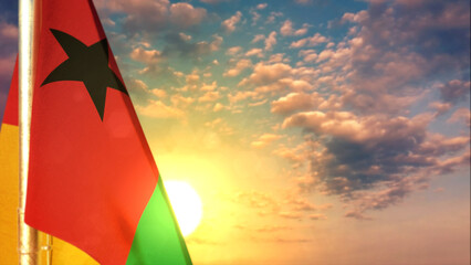 Guinea flag is hanging on sundown sky for national celebration - defocused - object 3D illustration - obrazy, fototapety, plakaty