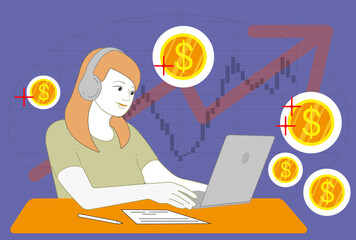woman working on laptop - investing money (dollar coin). Vector illustration. 