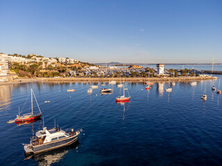 pleasure boats anchored in front Puerto Portals, Calviá, Mallorca, Balearic Islands, Spain