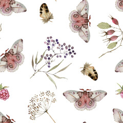 Seamless botanical pattern of plants, berries and a night butterfly on a white background close-up, watercolor hand-painted illustration.