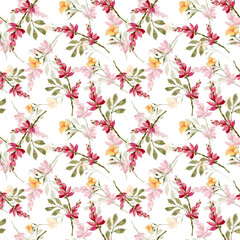 Seamless floral pattern with pink and yellow flowers on a white background, hand painted in watercolor.	
