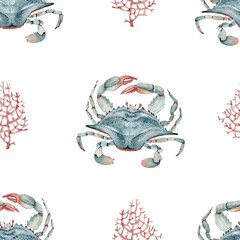 Sea crabs and corals seamless pattern, watercolor illustration on white background.	
