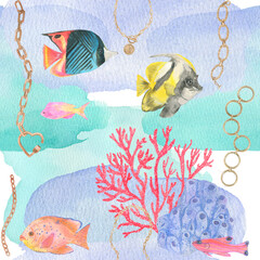 Watercolor under sea, seamless pattern. Colorful watercolor jewels, corals and fishes. Textile print.