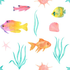 Watercolor under sea, seamless pattern. Colorful watercolor fishes. Textile print.