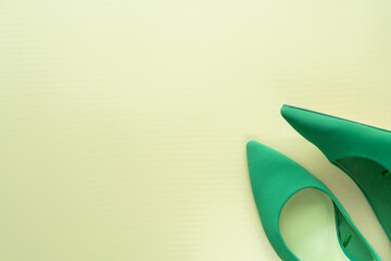 Flatlay. Fashionable stylish women's green low-heeled pumps on a light green background.