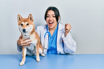 Beautiful hispanic veterinarian woman checking dog health screaming proud, celebrating victory and...