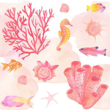 Watercolor under sea, seamless pattern. Colorful watercolor corals and fishes. Textile print.