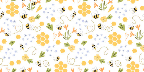 Bee honey pattern Bee seamless pattern Cute hand drawn summer meadow flowers, bee honeycombe background Hand drawn honey templates. Kids fabric design. Summer illustration. Floral sweet bee print.