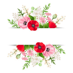 Vector banner with red, pink, and white poppy, lilac, and lily of the valley flowers