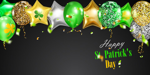 Illustration on St. Patrick's Day with flying colored helium balloons: round, star-shaped, and in the form of a four-leaf clover, and falling pieces of serpentine. On black background