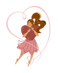 Love yourself. Take time for yourself. A woman hugging herself and heart. Self love. Vector illustration.