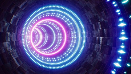 Glowing Multiple Neon Light in the Stone Tile Tunnel 3D Rendering
