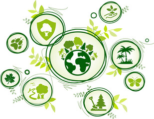 Reforestation vector illustration. Green concept with icons on environmental conservation, sustainable reforesting or forest management, tree planting, saving earth's ecosystem, forestry plantation.