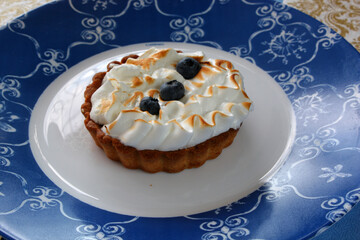 Blueberry pie illuminated by the sun, on a plate, side view