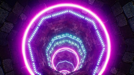 Shining Multiple Geometric Shape Neon Light in the Stone Brick Tunnel Entrance 3D Rendering