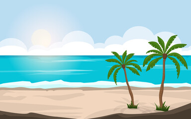 The tropical landscape of coast beautiful seashore beach on good sunny day flat vector illustration background