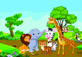 Cartoon wild animals in the jungle, Wild animals in the jungle illustration