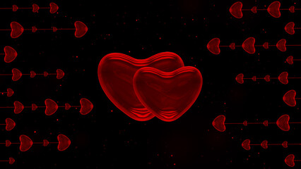 Romantic 3d background with red hearts and shiny particles