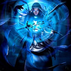 A handsome, long-haired young wizard with sky-blue glowing eyes in a long robe splits the sword into many sharp fragments with blue spiral magic, creating streams of energy with his hands 3d rendering - obrazy, fototapety, plakaty