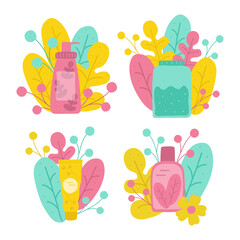 A set of cosmetic products for hair, skin, face and body care. Tubes, jars, creams, lotions, shampoos. Leaves and grass. Eco cosmetics. Organic products. Flat style, yakriy, isolated.