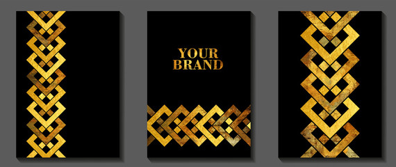 Gold vintage art vector set with celtic knot pattern. Grunge luxury cover design. Gold vector texture on black background. Hand drawn illustration for cover, flyer, brochure.