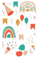 Holiday elements set. Birthday decor. Holiday, balloons, flags. Simple, modern style. Vector graphics, isolated.