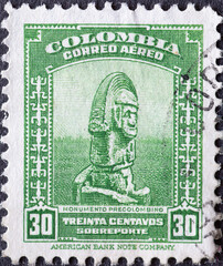 Colombia - circa 1948 : a postage stamp from Colombia , showing a Pre-Columbian Monument.