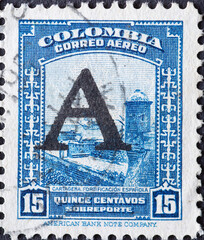 Colombia - circa 1948 : a postage stamp from Colombia, showing a Spanish Fortification, Cartagena....