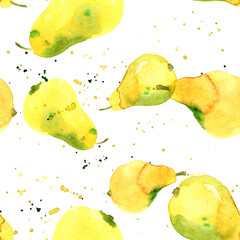 Seamless pattern of watercolor Pear on white background. Watercolor painting. Orange fruit. - 485101505