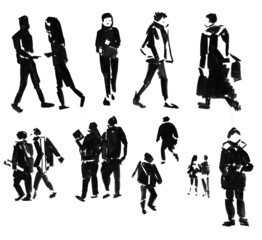 Silhouettes of walking people. Ink illustration isolated on white background - 485101747