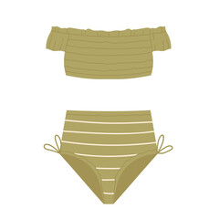 Women's vintage swimsuit with high-waste panties and wireless bra. Stylish women's green swimwear. Retro striped beachwear. Vector illustration in cartoon style. Isolated on white background	