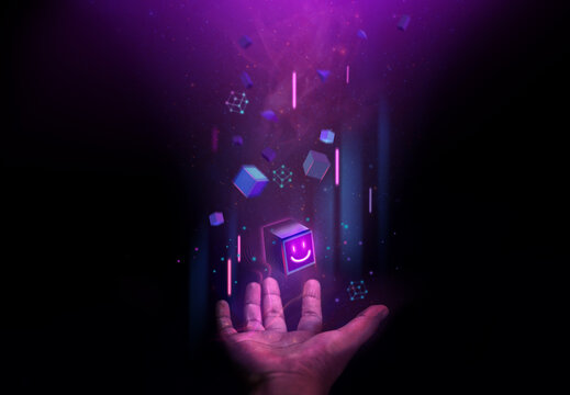 Web3, Blockchain Technology Concepts. Hand Levitating a Digital Smiling Box Icon and many Futuristic Graphic to Connecting the Universe. Space Elements from Nasa