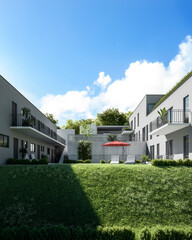 Modern residential home for family, home on nature, sunny day, architecture, 3D render	
