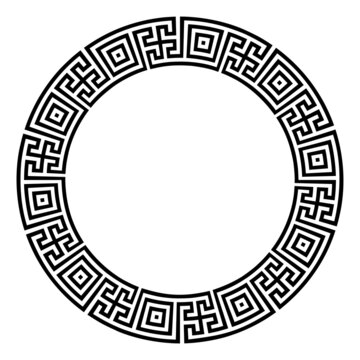 Double meander pattern, made of squares and crosses, a circle frame and decorative round border, made with lines, shaped into a repeated motif. Classical style, also known as Greek key or Greek fret.