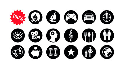 Set of icons, material values and consumer goods. Vector. Dreams, lifestyles and hobbies. The card of the desires of a man. Silhouette flat style. Signs and symbols for design.