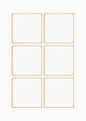 Frame mockup 1:1 square. Set of six thin oak wood frames. Clean, modern, minimalist, bright gallery wall mockup, set of 6 square frames with a mat opening.