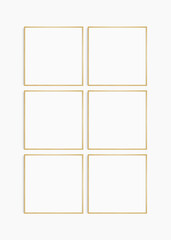 Frame mockup 1:1 square. Set of six thin oak wood frames. Clean, modern, minimalist, bright gallery wall mockup, set of 6 square frames.