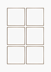 Frame mockup 1:1 square. Set of six thin dark walnut wood frames. Clean, modern, minimalist, bright gallery wall mockup, set of 6 square frames with a mat opening.