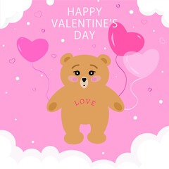 Cute bear with balloons on a pink background in the clouds, Valentine's Day. Illustration for greeting cards, paper packaging, posters and design.